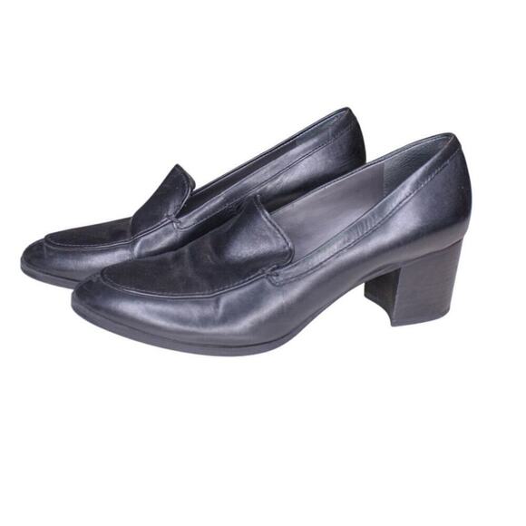 Franco Sarto Chunky Block Heel Loafers Black Leather 90s Y2K Classic - Picture 3 of 5